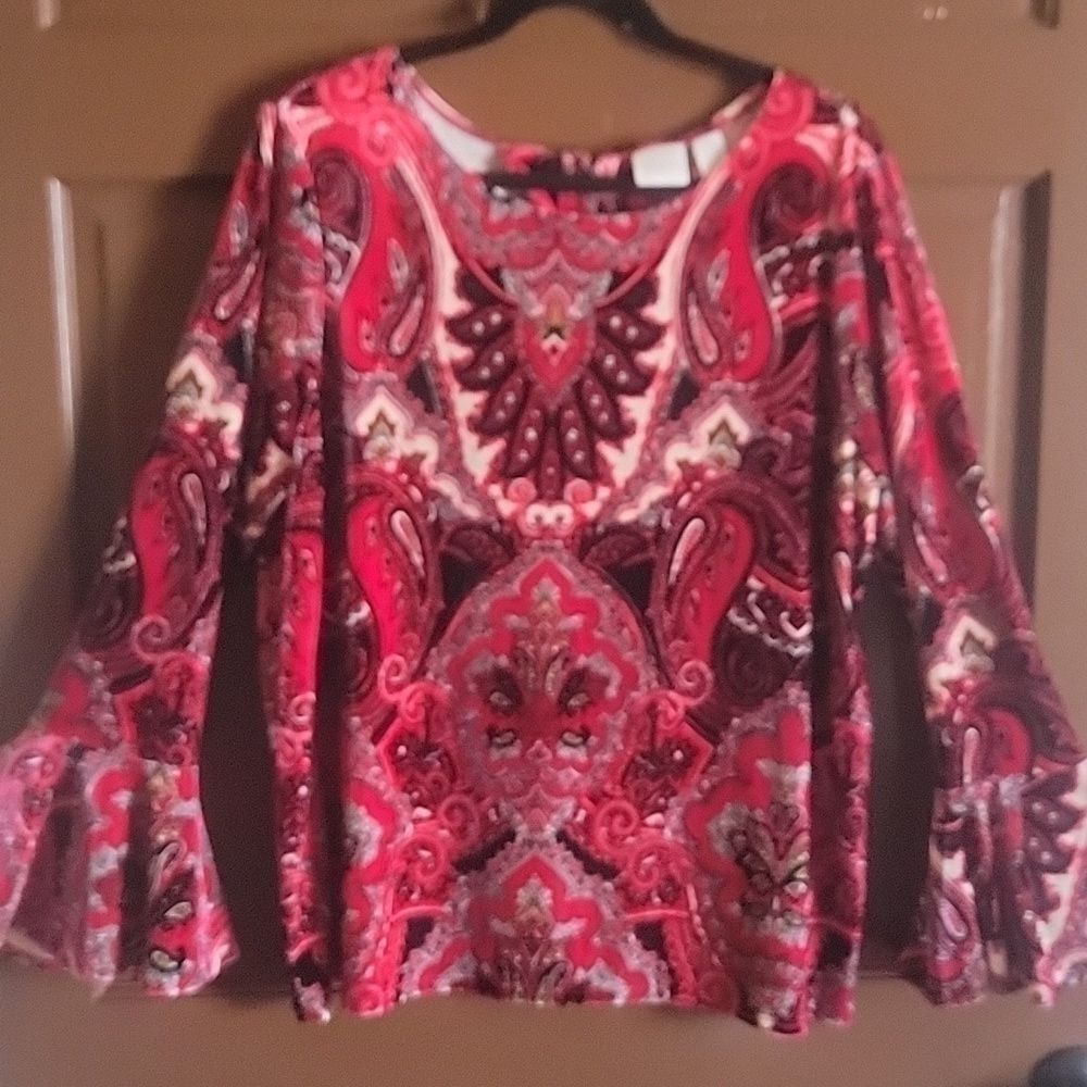 Chico's-Red/blk Paisley velour long sleeved Belle top L.